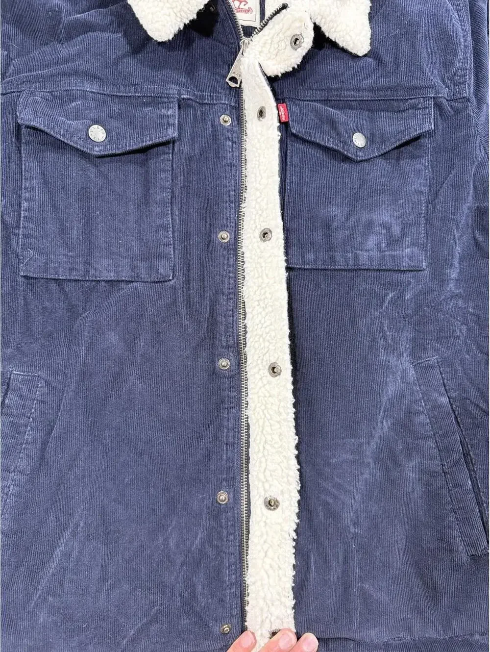 Levi’s Sherpa Trucker Jacket Mens XL Navy Corduroy Fleece Lined Snap Zip